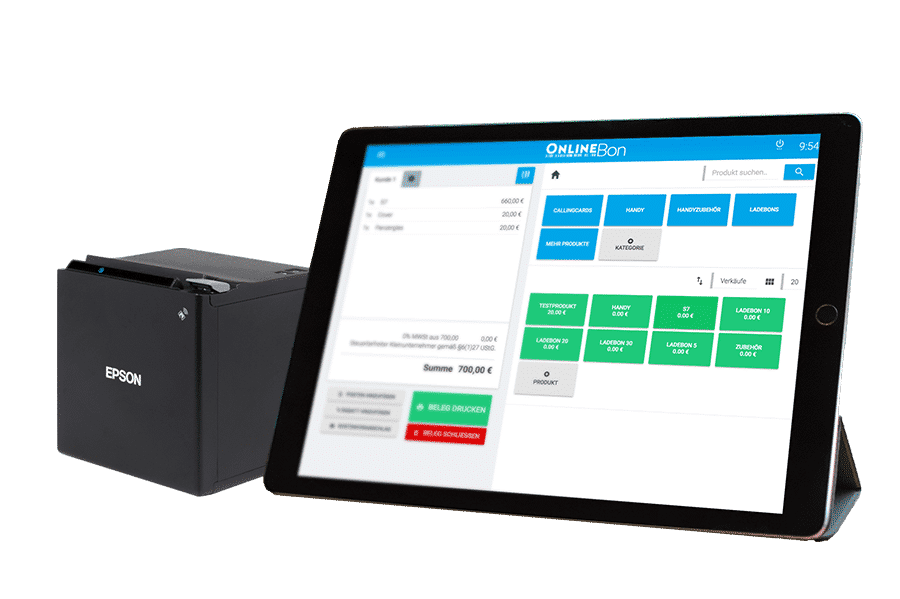 Registrierkasse auf einem Tablet mit Bondrucker